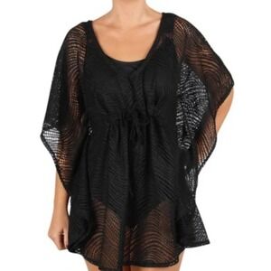 Catalina‎ Women's Batwing Tunic Size 2X Black Cinched Front Swim Cover-Up NWT